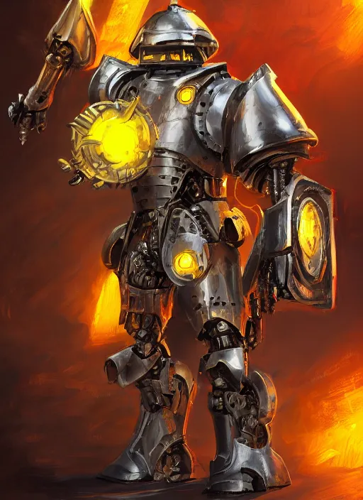 Prompt: full body, dynamic attack position abstract portrait of a intricate glorious holy mechanical warforged character in yellow armor holding a paladin engraved great longsword drawn and carrying a big paladin shield, glowing red eye, face in focus, pit droid, epic , trending on ArtStation, masterpiece, cinematic lighting, by Ross Tran and by Greg Rutkowski