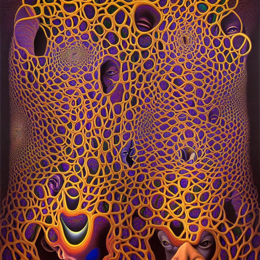 Image similar to infinite fractals of faces forming a single human face, recursion, surreal, by salvador dali and mc escher and alex grey, oil on canvas, weird, dreams, consciousness, strange loops, fantasy, intricate details, warm colors