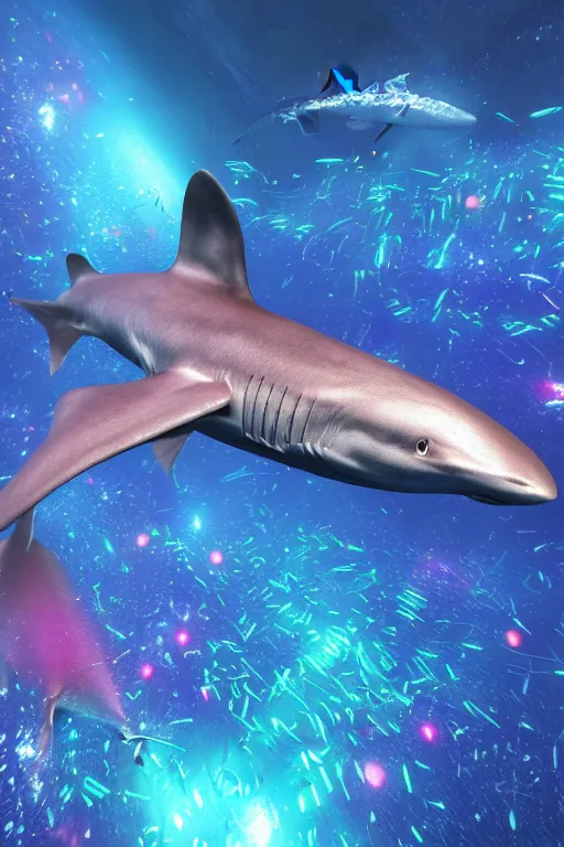 Image similar to Cosmic Shark for maintenance by an unprofessional cyber mackerel, colourful explosion behind. 4K 64 megapixels 8K resolution DSLR filmic HDR Kodak Ektar wide-angle lens 3D shading Behance HD CGSociety Cinema 4D IMAX shadow depth rendered in Blender Unreal Engine hyperrealism photoillustration, lots of reflective surfaces, subsurface scattering