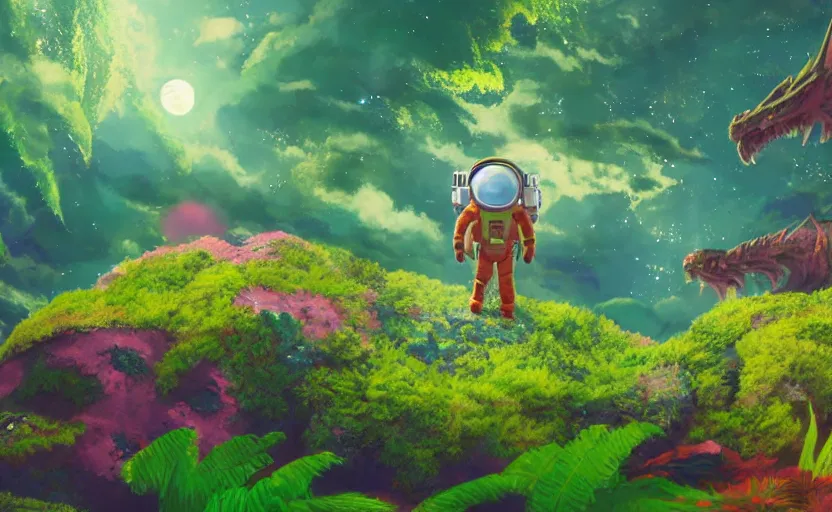 Image similar to a still of a cute adorable tiny astronaut, on a planet of lush colorful foliage, with an enormous kaiju dragon surrounding the full background, magical forest, sharp focus, neon backlit, highly detailed, disney pixar studio ghibli makoto shinkai, digital painting, matte, octane render, global illumination, iridescent, anime, 8 k concept art