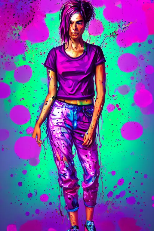 Prompt: a award winning half body portrait of a beautiful woman in a croptop and cargo pants with ombre purple pink teal hairstyle and hands in pockets by ari liloan, surrounded by whirling illuminated lines, paint splashes and splatter, outrun, vaporware, shaded flat illustration, digital art, trending on artstation, highly detailed, fine detail, intricate