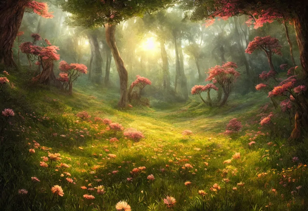 Image similar to a flowering meadow a forest behind it, epic fantasy, detailed, intricate, digital painting, concept art, realistic, smooth, focus, rim light