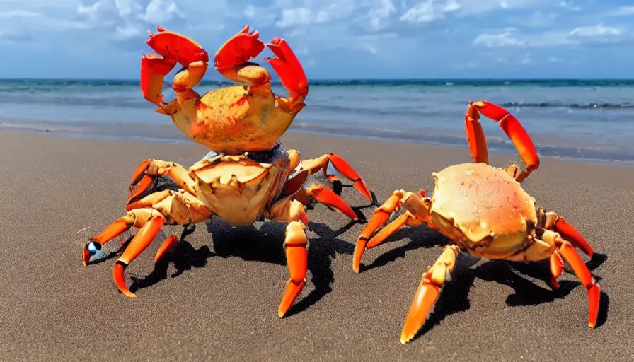 Image similar to A crab dancing to crab rave song. On a beach, at the water, claws reaching up into the air. In the style of Studio Ghibli