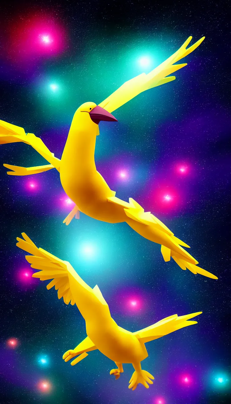 Image similar to highly detailed photo of only one colorful big bird flying in the dark space, all birds head and eye are visible, hyper realistic, concept art, 8 k detail post - processing