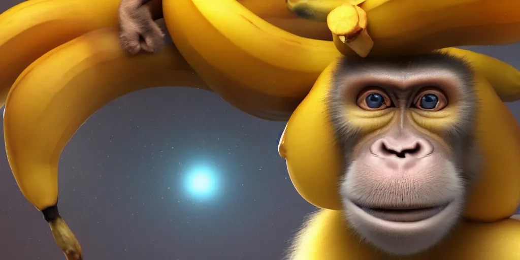 Image similar to 3d render of Monkey and banana fusion, realistic volumetric lighting, rendered by Octane, highly realistic, 4k wallpaper, trending on Artstation, By Leonid Afremov