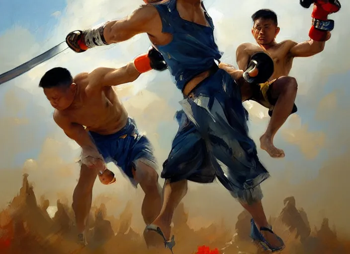 Image similar to greg manchess painting of a filipino mma fighter with a sword, organic painting, sunny day, matte painting, bold shapes, hard edges, street art, trending on artstation, by huang guangjian, gil elvgren, ruan jia, randy vargas, greg rutkowski