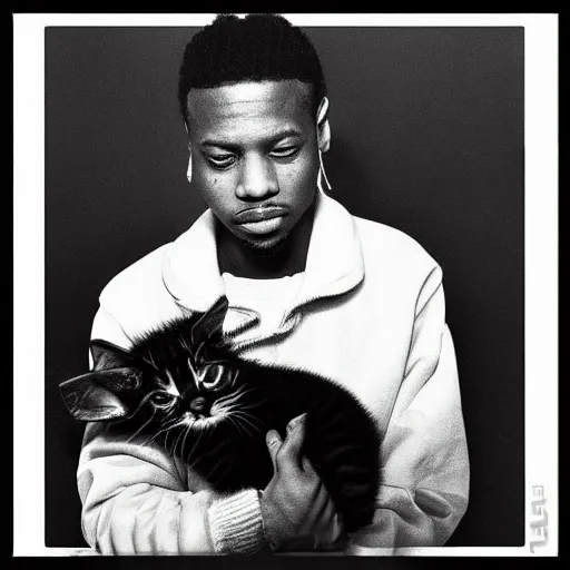 Prompt: 1 5 mm wide - angle lens photo of a rapper in 1 9 9 0 newyork holding a kitten up to the camera black and white, photorealistic, trending on art station
