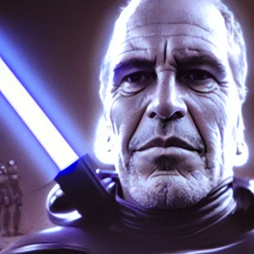 Image similar to jeffrey epstein in'star wars'as a sith lord fighting storm troopers, full body, cinematic scene, cinematic lighting, 1 4 mm