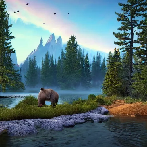 Image similar to « mountain in the background, a river in the middle ground, trees, a bear near a tree, glowing light, photorealistic, unreal engine 5, sharp focus, some rocks in the river, some birds in the sky, and a small woody house on the right far »