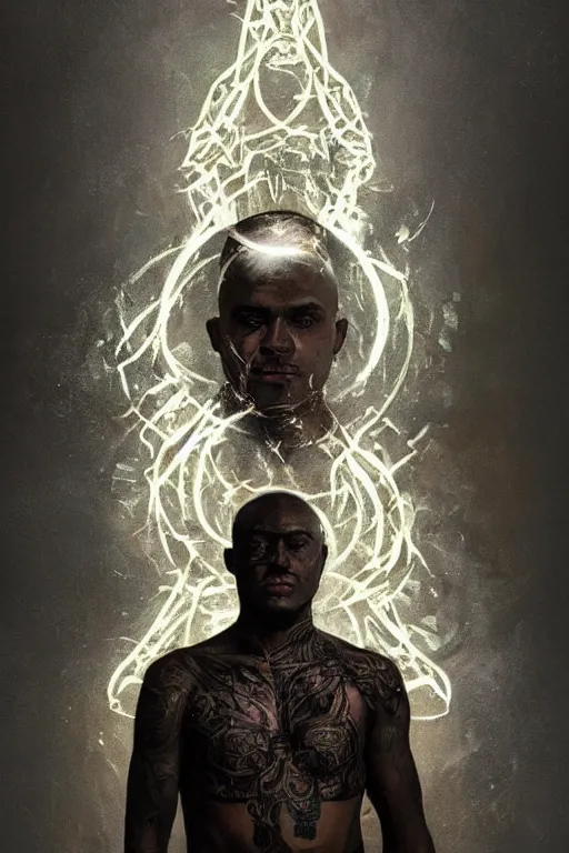 Image similar to A portrait of a dark skinned monk covered in runic tattoos, he is surrounded by glowing floating magical runes, digital art by Ruan Jia , Moebious, Craig Mullin, and Nick Knight