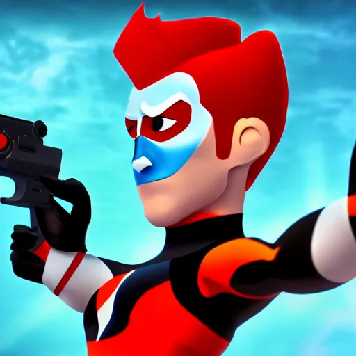 Image similar to syndrome incredibles holding the gmod physgun dynamic pose 4 k deviantart fanart cinematic shot