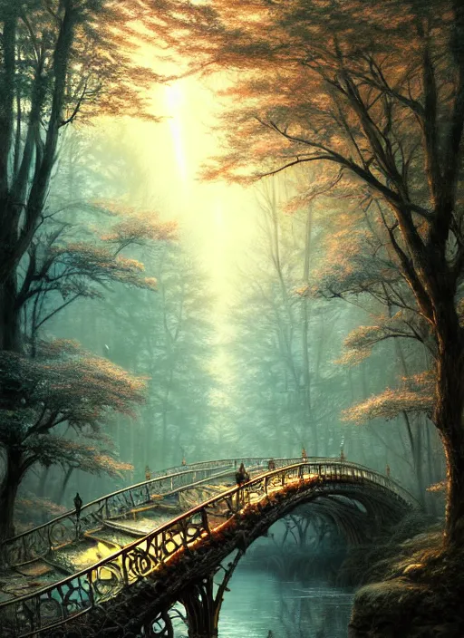 Image similar to old bridge, fantasy forest landscape, fantasy magic, light night, intricate, elegant, sharp focus, illustration, highly detailed, digital painting, concept art, matte, art by wlop and artgerm and ivan shishkin and andrey shishkin, masterpiece