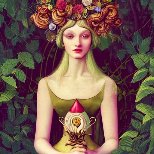 Image similar to a detailed portrait of young woman in renaissance dress and a surreal renaissance headdress, very surreal garden, cyberpunk, surreal tea party, strange creatures, by christian schloe and botticelli, naotto hattori, amy sol, roger dean, moody colors