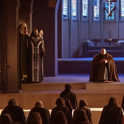 Image similar to emperor palpatine preaching to people at church, 8k cinematic lighting, very sharp detail, anatomically correct