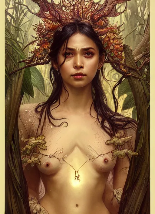 Image similar to kuntilanak on tree, d & d, wet, shiny, fantasy, intricate, elegant, higly detailed, dramatically art, ultra definition, digital painting, artstation, concept art, smooth, sharp focus, illustration, art by artgerm and greg rutkowski and alphonse mucha and garis edelweiss and alex flores