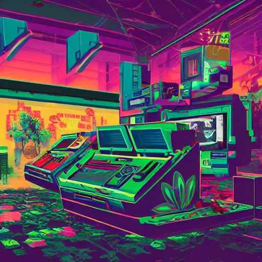 Prompt: a painting of an abandoned video game system, vaporwave arcade, weeds, cyberpunk art by Chris LaBrooy and james gurney, behance contest winner, auto-destructive art, dystopian art, apocalypse landscape, apocalypse art