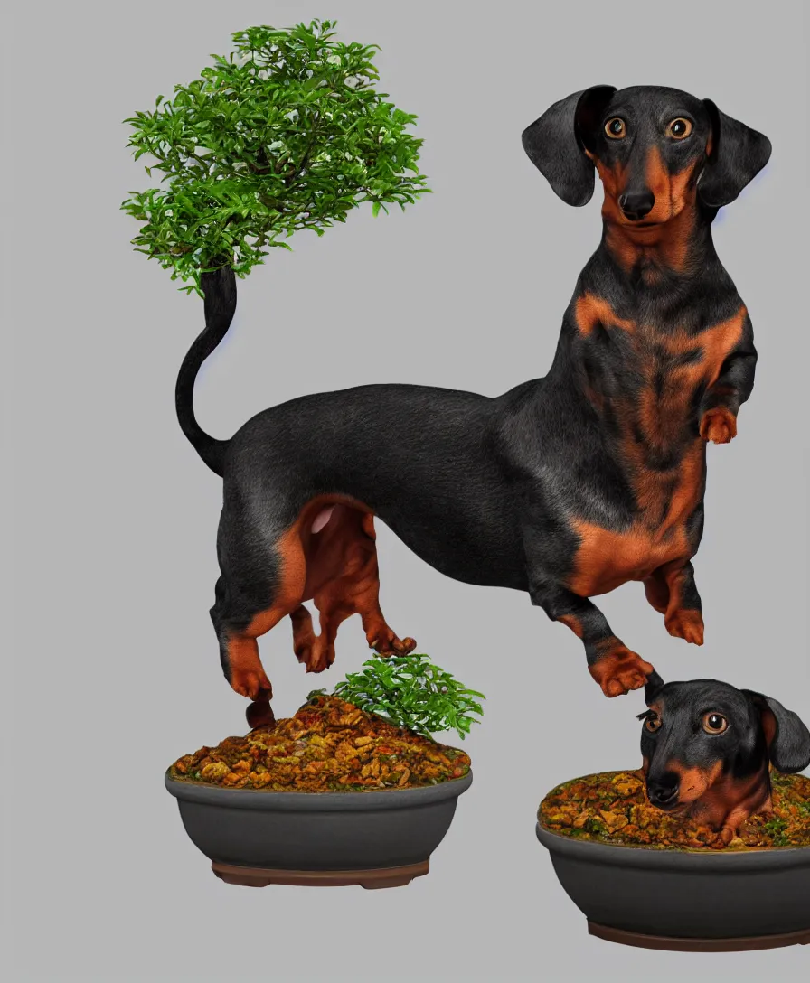 Prompt: Dachshund boabab hybrid in a bonsai pot, cinematic lighting, 8k, artstation