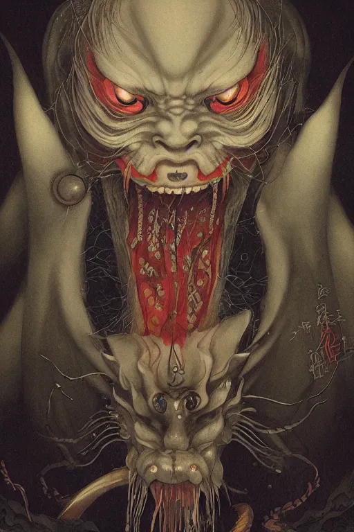 Image similar to a portrait of a japanese devil yokai ghost illustrated by miyazaki by karol bak, james jean, tom bagshaw, rococo, sharp focus, trending on artstation, cinematic lighting, hyper realism, octane render, 8 k, hyper detailed, vivid, ultra detailed, highly detailed