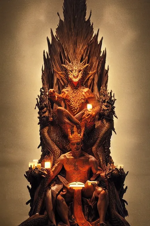 Prompt: a humanoid dragon king sits on a throne by greg rutkowski, magic realism, hyper realistic, 2 0 0 mm lens, candlelight