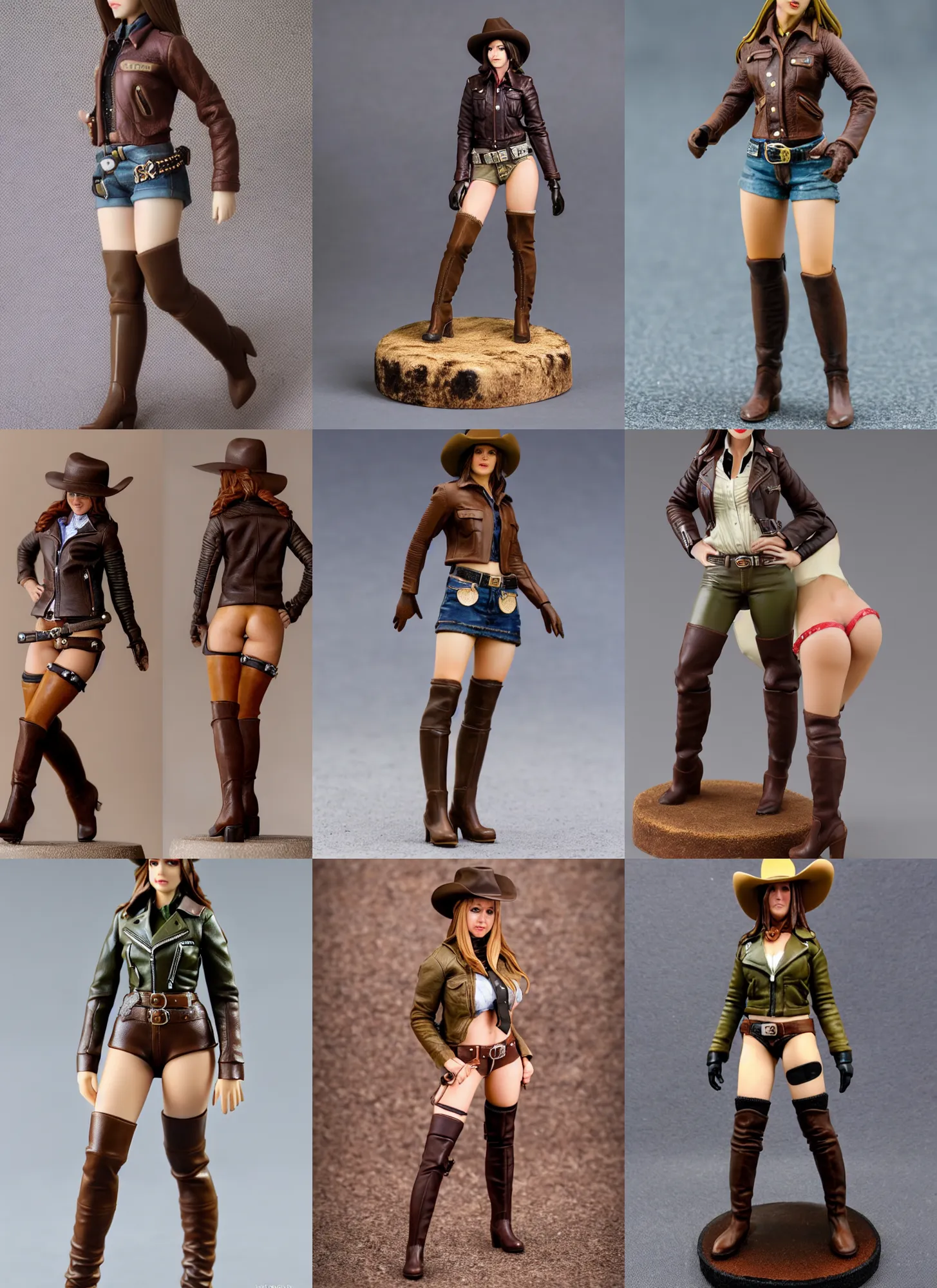 Prompt: 80mm resin detailed miniature of a cow girl, Short brown leather jacket, ten-gallon hat, over-knee boots, navel, olive thigh skin, on textured disc base; Miniature product Introduction Photos, 4K, Full body; Front view