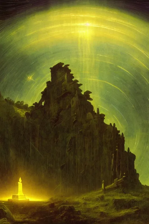 Prompt: yellow glowing ancient temple, green hills, star trails, dramatic lighting, artstation, matte painting, caspar david friedrich, ralph mcquarrie