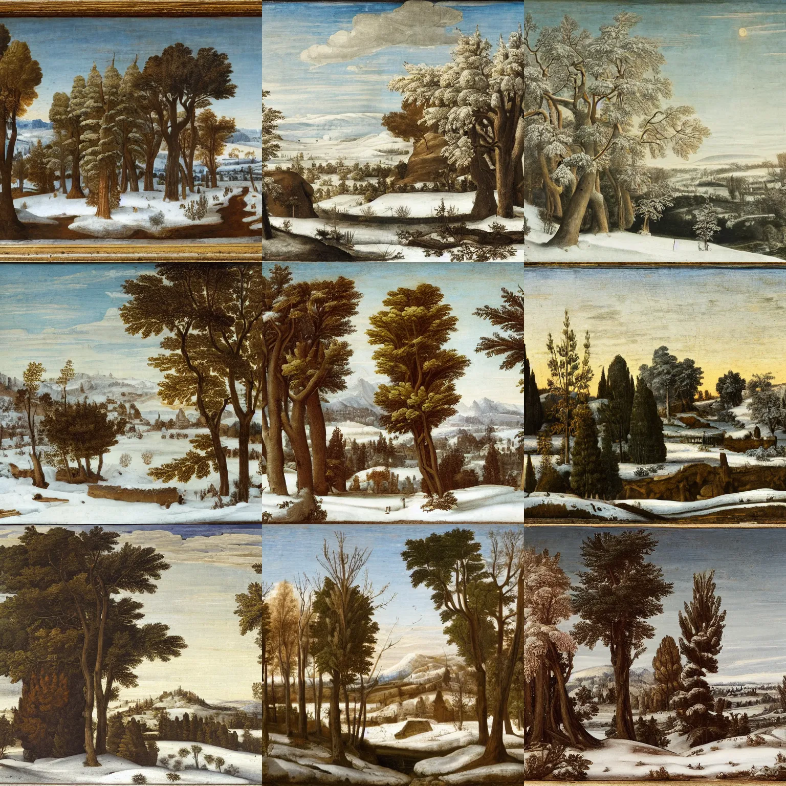 Prompt: a winter landscape with shrubs and trees on a clear day, in high renaissance style