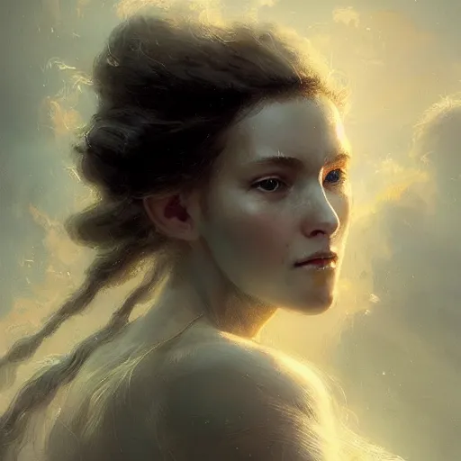 Image similar to a beautiful portrait of a cloud goddess by Greg Rutkowski and Raymond Swanland, Trending on Artstation, ultra realistic digital art