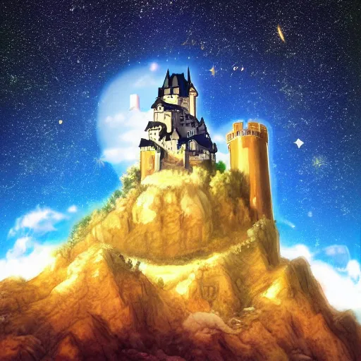 Prompt: stone castle with golden bell ontop of a mountain, space sky, anime illustration,