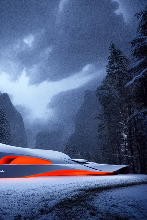 Prompt: a futuristic scene in front of a zaha hadid building in the forrest of the french alps in the style of chris moore, stormy weather with lightning, cinematic matte painting, extreme detail 8 k photo quality, orange lasers, snowfall, featured on behance