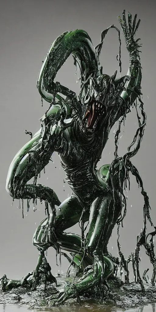 Prompt: bootleg figure of a plastic green acid xenomorph diorama drowning on the mud water, secondhand, rain stormcloud by Luis Royo, mcfarlane, cursed photography, middle shot