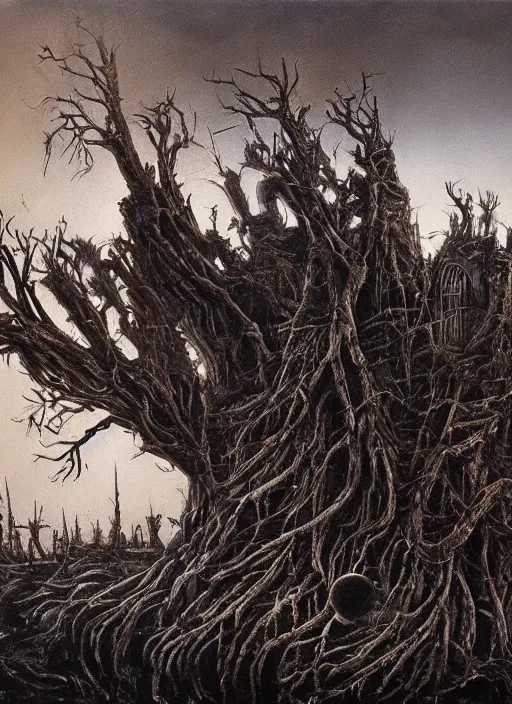 Prompt: a intricate oil painting of The Tomb in the dystopian landscape is opening through the ground, the dead has arisen under the glowing moon, dead trees and a brooding landscape by Giger and Dariusz Zawadzki and Beksinski