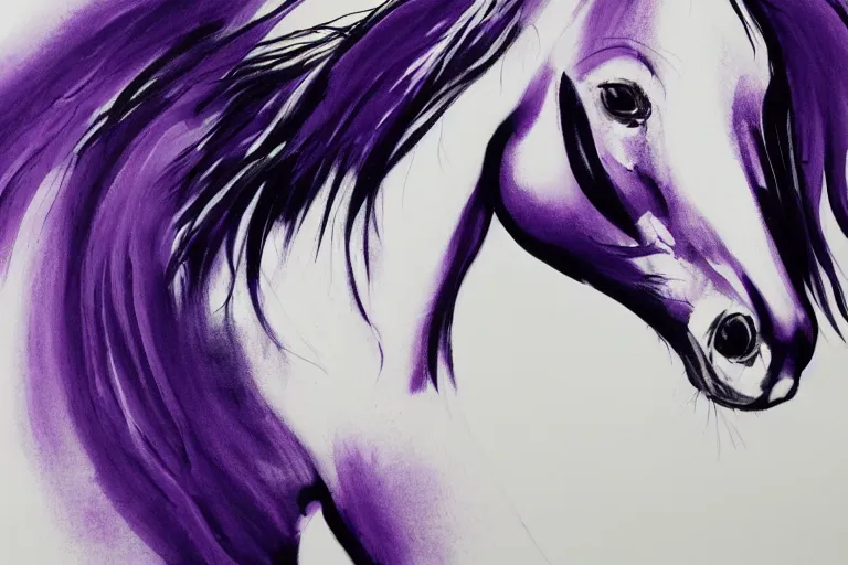 Prompt: beautiful serene horse, healing through motion, minimalistic purpble ink aribrush painting on white background