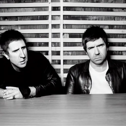 Prompt: trent reznor and noel gallagher are on a table with their guitars and they have their arms folded across their chests, they are facing the camera and are extremely pissed off. their eyes are narrowed.. the table is very dark and there is a light going behind them