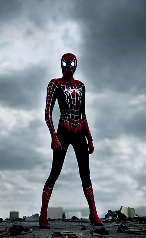 Image similar to film still of Spiderwoman standing heroic ,post apocalyptic, symmetrical