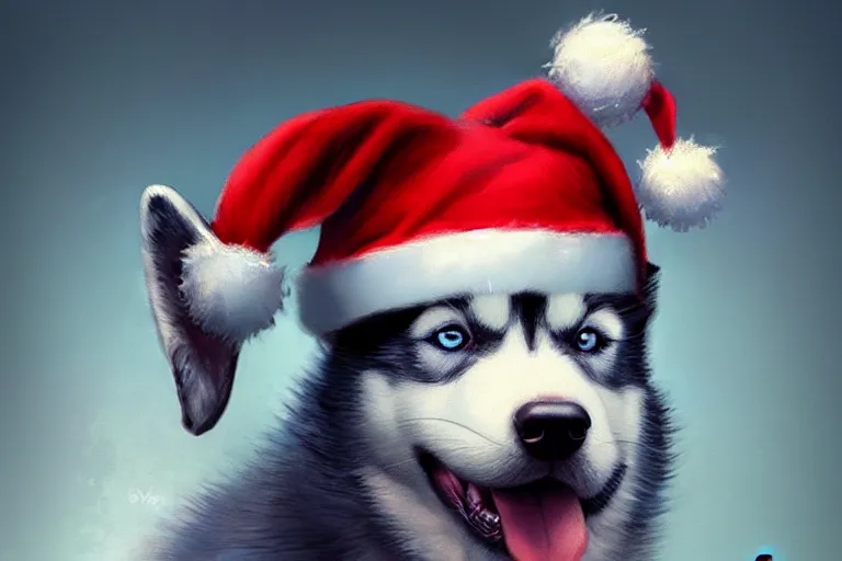 Prompt: cute husky puppy wearing a christmas hat, hyper detailed, digital art, artstation, cinematic lighting, studio quality, smooth render, by caravaggio, artgerm, greg rutkowski, craig mullins