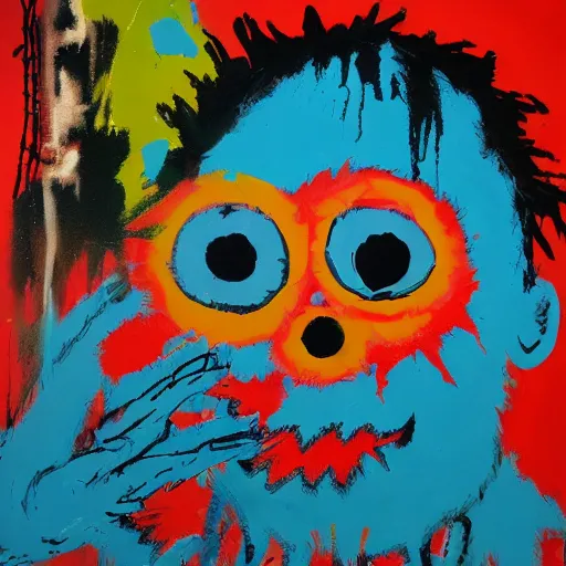 Image similar to splattered punk painting of cookie monster, painted by basquiat. dark background. trending on artstation.