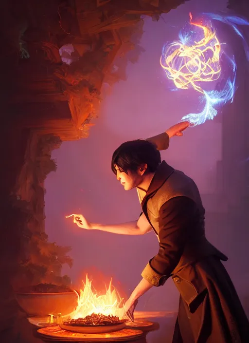 Image similar to highly detailed vfx portrait of a magician casting a fire spell, unreal engine, greg rutkowski, only, once, beeple, makoto shinkai and lois van baerle, ilya kuvshinov, rossdraws, tom bagshaw, alphonse mucha, global lighting, detailed and complex environment