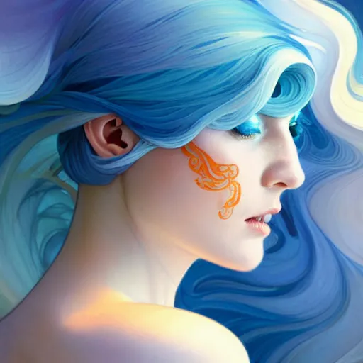 Image similar to Harmony is a hue created with swirls of white gouache, hopeful cerulean, and a daub of joy orange, intricate, highly detailed, digital painting, artstation, concept art, smooth, sharp focus, illustration, Unreal Engine 5, 8K, art by artgerm and greg rutkowski and alphonse mucha