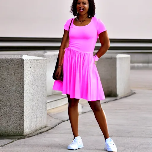 Image similar to same image but only one person in it, full body shot in a pink dress, nike air force 1 sneakers