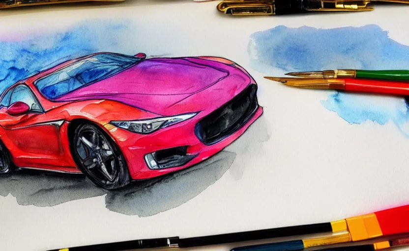 Image similar to colorful watercolor sketch of a sport car, highly detailded