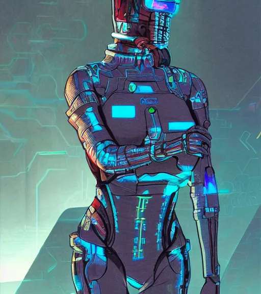 Prompt: cyborg woman with a hologram for a head, techwear, dead space, visible face, Industrial Scifi, detailed illustration, character portrait, by Martin Grip and Moebius