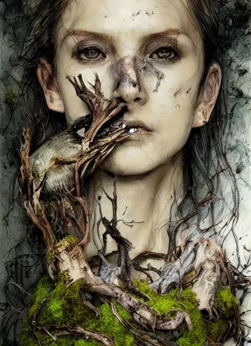 Image similar to portrait, bird skull, moss, driftwood, witches, watercolor, dramatic lighting, cinematic, establishing shot, extremely high detail, foto realistic, cinematic lighting, pen and ink, intricate line drawings, by Yoshitaka Amano, Ruan Jia, Kentaro Miura, Artgerm, post processed, concept art, artstation, matte painting, style by eddie mendoza, raphael lacoste, alex ross