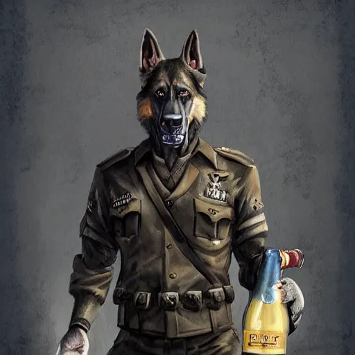 Image similar to a humanoid german shepherd beast - man in military style, holding a bottle of beer, artstation, concept art, smooth, sharp foccus ilustration, artstation