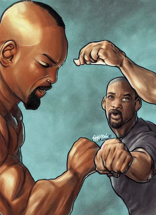 Image similar to beautiful concept art comic book drawing of will smith punching a rock by randy vargas