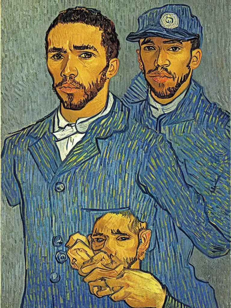 Image similar to portrait of Sir Lewis Hamilton by Van Gogh