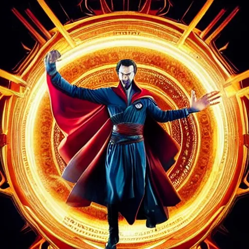 Image similar to dr. strange casting a shield spell in the metaverse, hyper realistic, highly detailed, perfect face, smooth, focus, movie still, cinematic