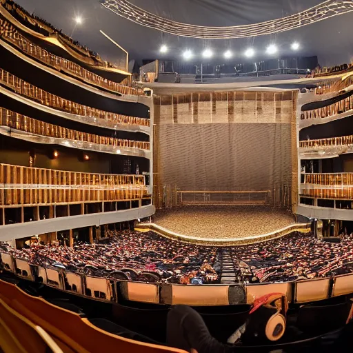 Prompt: ultra hd 8 k photo from far away of a tabby cat alone on a big opera stage