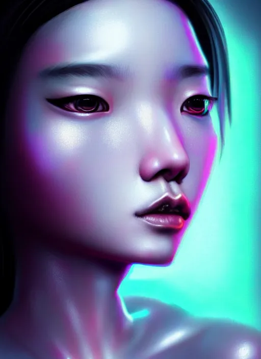 Image similar to photorealistic portrait of female asian humanoid, cyber neon lights, highly detailed, cyberpunk fashion, elegant, crispy quality, trending in artstation, trending in pinterest, glamor pose, no signature, no watermark, cinematic, art by pascal blanche