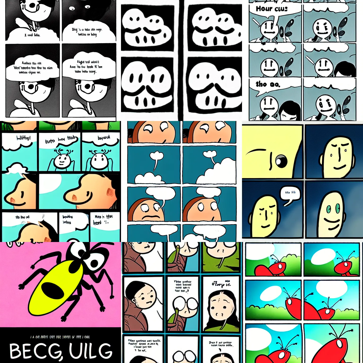 Prompt: a comics about bugs talking about beautiful detailed faces. clouds with text.