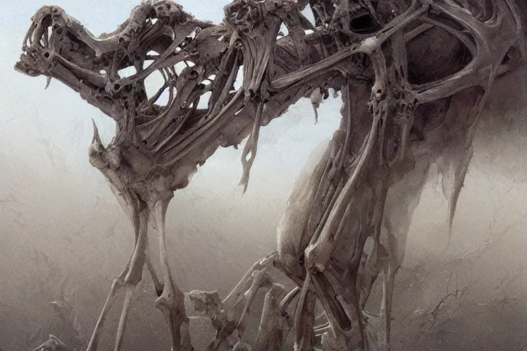 Image similar to amazing concept painting, by Jessica Rossier and HR giger and Beksinski, prophecy, hallucination, the middle of a valley; it was full of bones, bones that were very dry, there was a noise, a rattling sound, and the bones came together, bone to bone , I looked, and tendons and flesh appeared on them and skin covered them, but there was no breath in them and breath entered them, they came to life and stood up on their feet a vast army